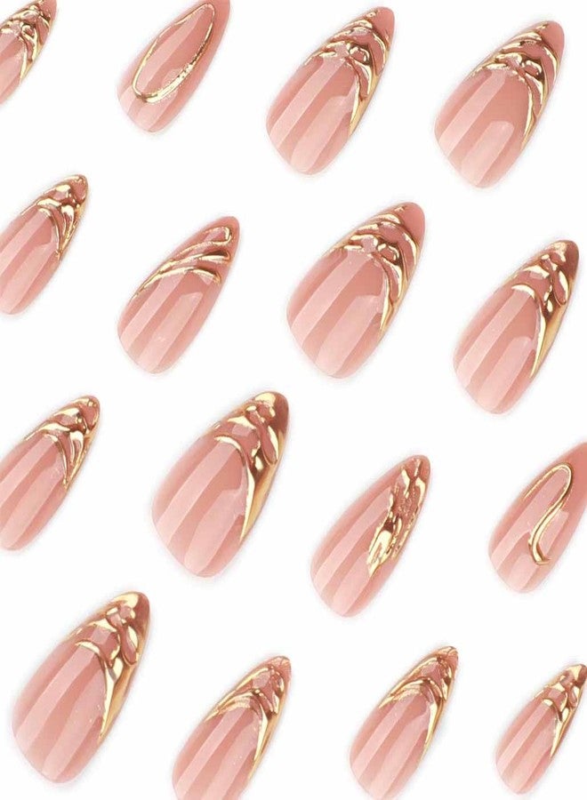 Foccna Gold Press on Nails Short Almond Fake Nails with Acrylic Nails Glossy Full Cover Stick on Nails for Women 24Pcs - Image 3